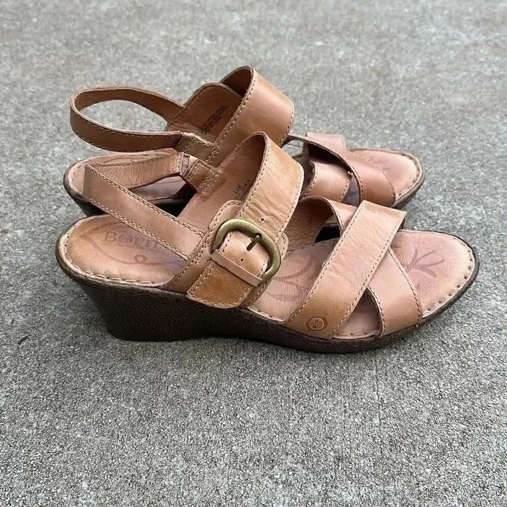 Born Leather Wedge Sandals Mirabella Tan Women’s Size 11